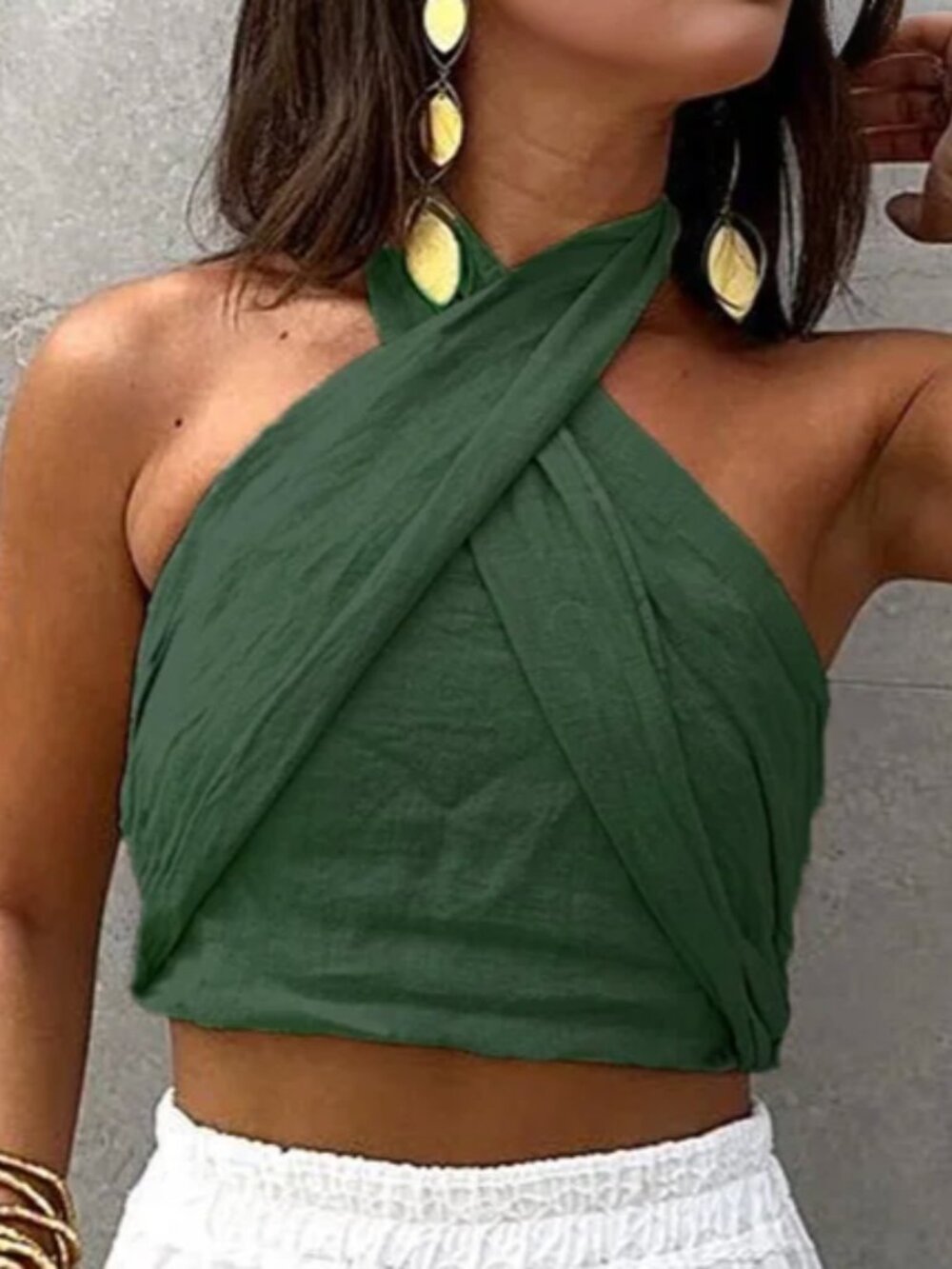 Commense Cotton & Line Crisscross Halter Fitted Tank Top S